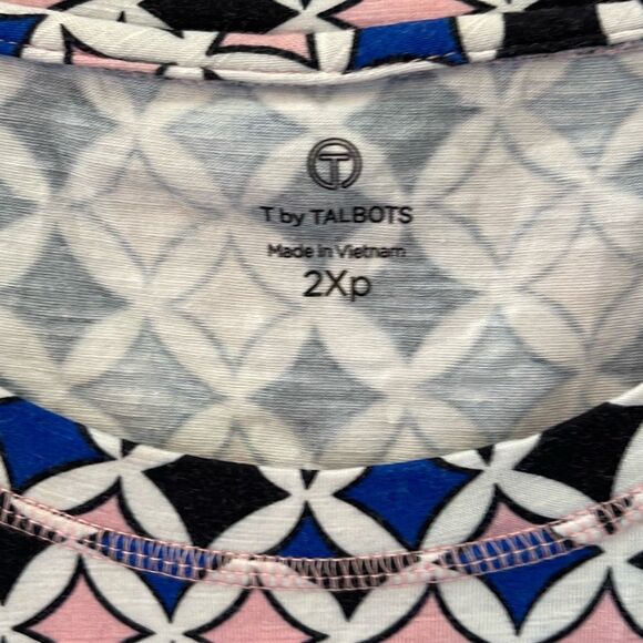 T by Talbots Womens Geometric Short Sleeve Stretch T-Shirt Blue Pink Size 2XP - Picture 4 of 7